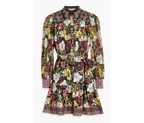 Alice Olivia - Tiffie shirred floral-print cotton-blend poplin mini shirt dress - Black