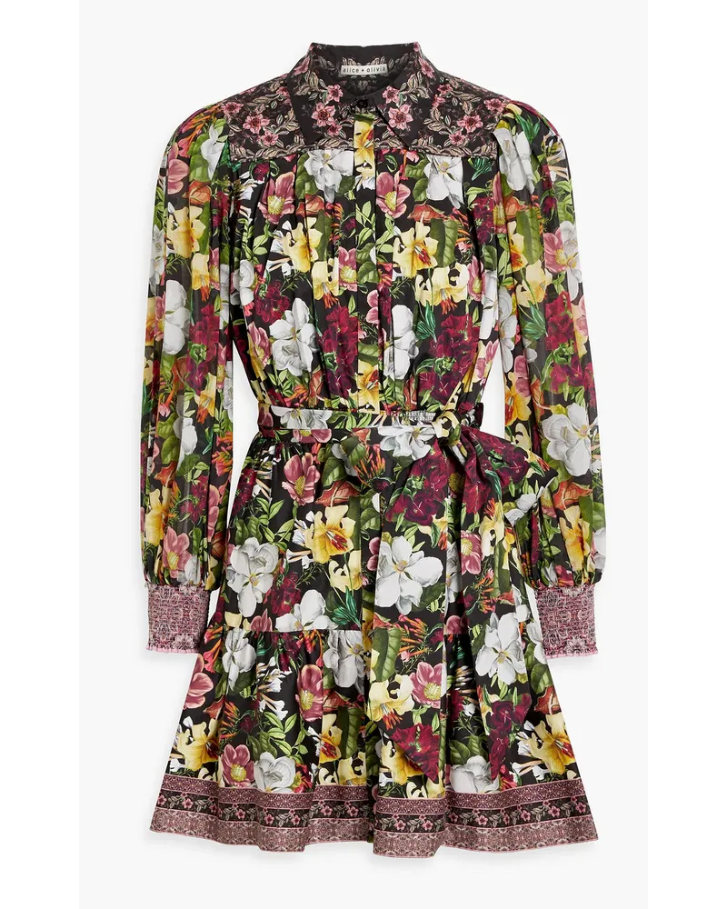 Alice + Olivia Alice Olivia - Tiffie shirred floral-print cotton-blend poplin mini shirt dress - Black Black