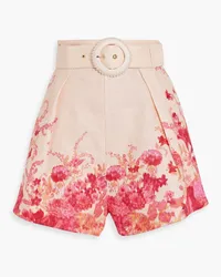 Zimmermann Belted pleated floral-print linen shorts - Pink Pink