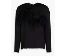 Feather-embellished linen-blend shantung top - Black