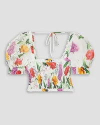 Charo Ruiz Lirio cropped shirred floral-print cotton-blend poplin top - White White