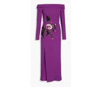 Off-the-shoulder embellished wool-blend crepe midi dress - Purple