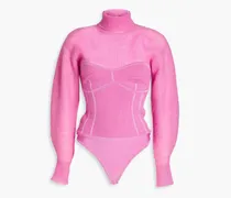Bandage-paneled ribbed-knit turtleneck bodysuit - Pink