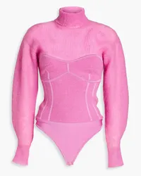 Hervé Léger Bandage-paneled ribbed-knit turtleneck bodysuit - Pink Pink