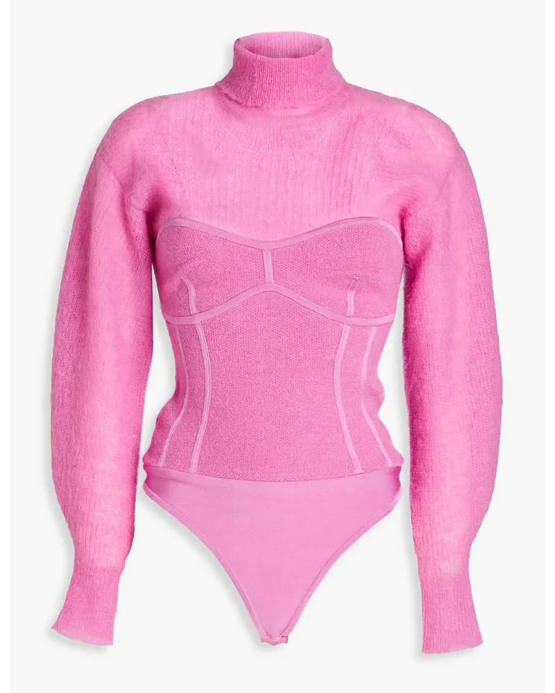 Hervé Léger Bandage-paneled ribbed-knit turtleneck bodysuit - Pink Pink