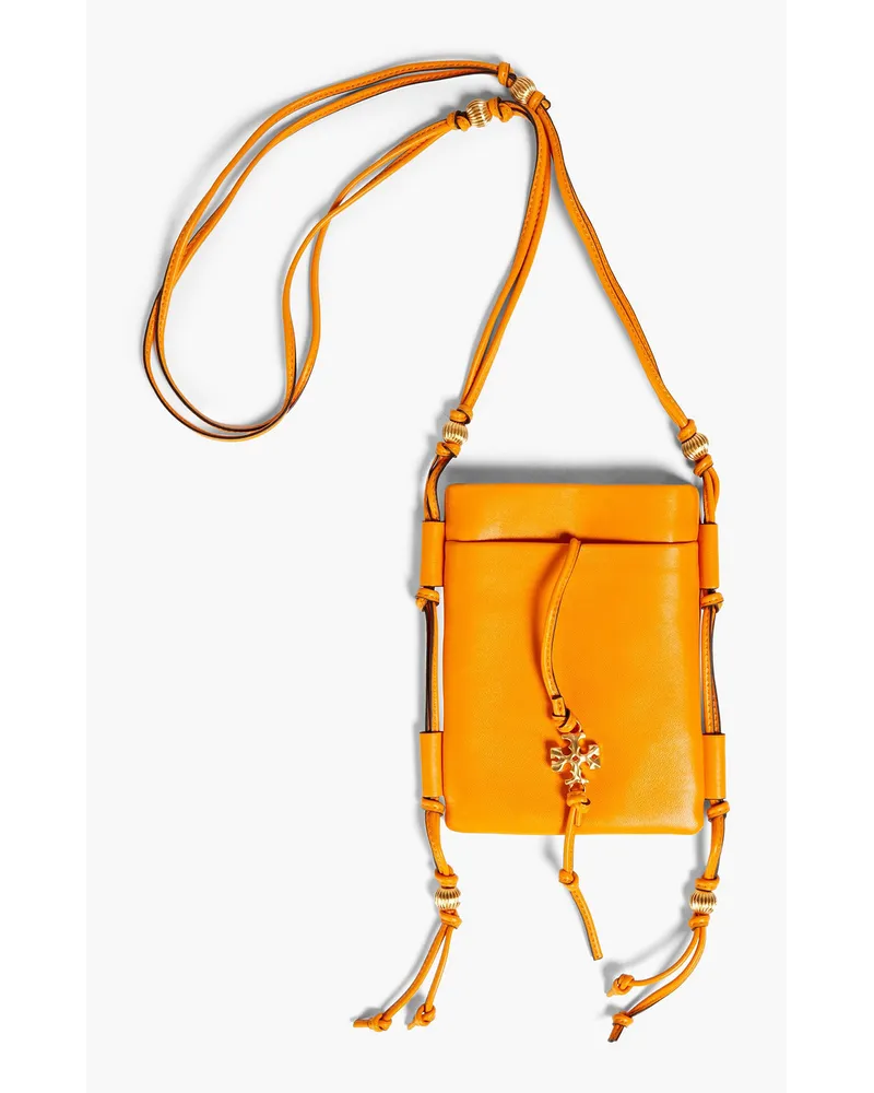Bead-embellished leather phone pouch - Orange