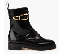 Buckled glossed-leather combat boots - Black