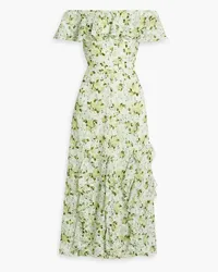 Mikael Aghal Off-the-shoulder ruffled printed fil coupé jacquard midi dress - Green Green