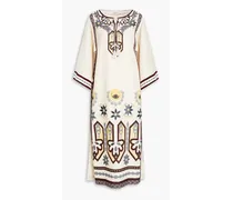 Embellished embroidered linen kaftan - White