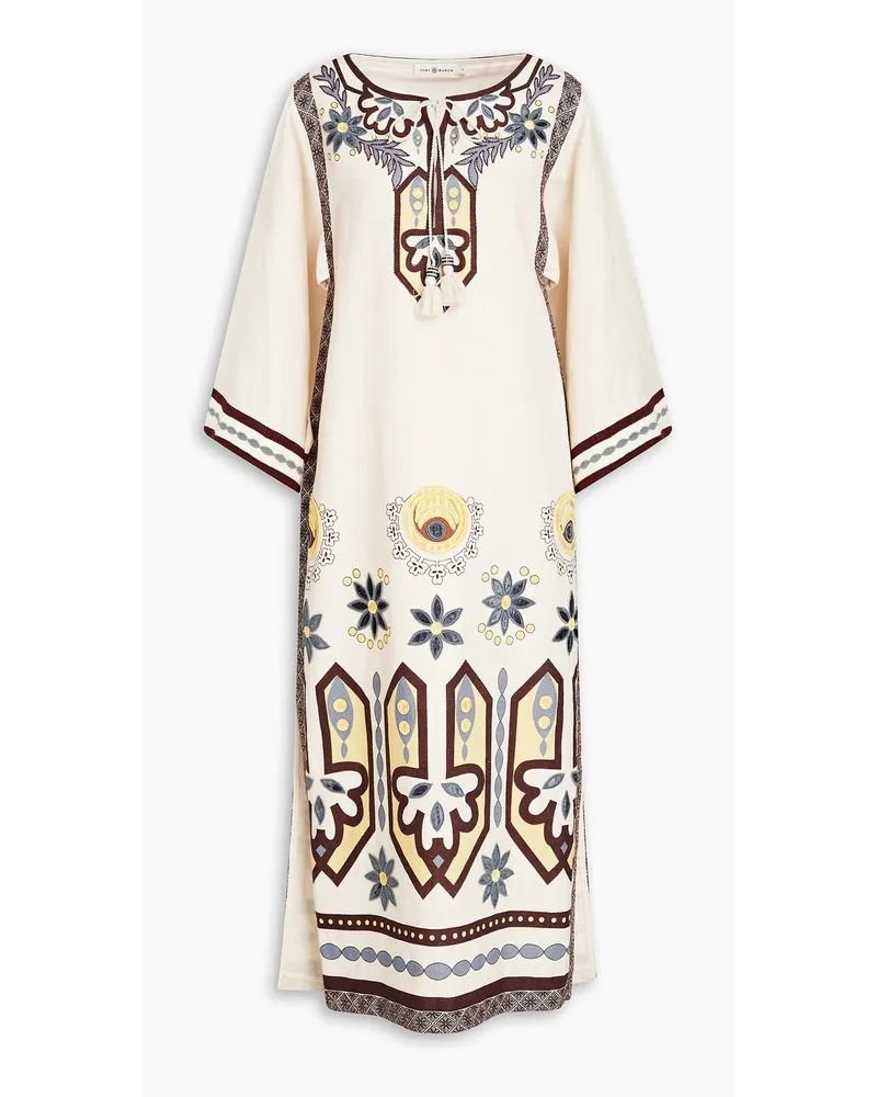 Embellished embroidered linen kaftan - White