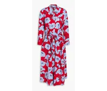Belted floral-print cotton-blend midi shirt dress - Red
