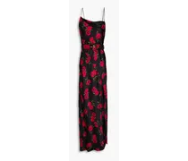 Belira draped belted floral-print satin gown - Black