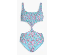 Twisted shirred floral-print swimsuit - Blue