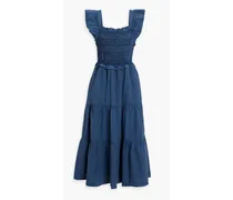 Tiered smocked cotton midi dress - Blue