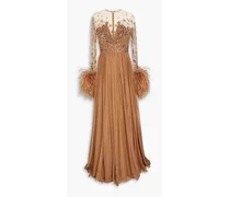 Embellished tulle-paneled voile gown - Brown