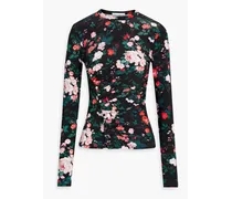 Ruched floral-print stretch-jersey top - Black
