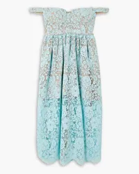 Self-Portrait Off-the-shoulder crystal-embellished guipure lace midi dress - Blue Blue