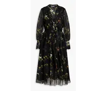 Pleated belted silk-crepe midi dress - Black