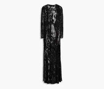 Open-back fringed embellished tulle gown - Black