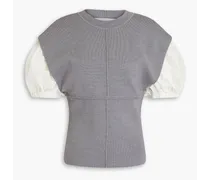 Poplin-paneled ribbed wool-blend top - Gray