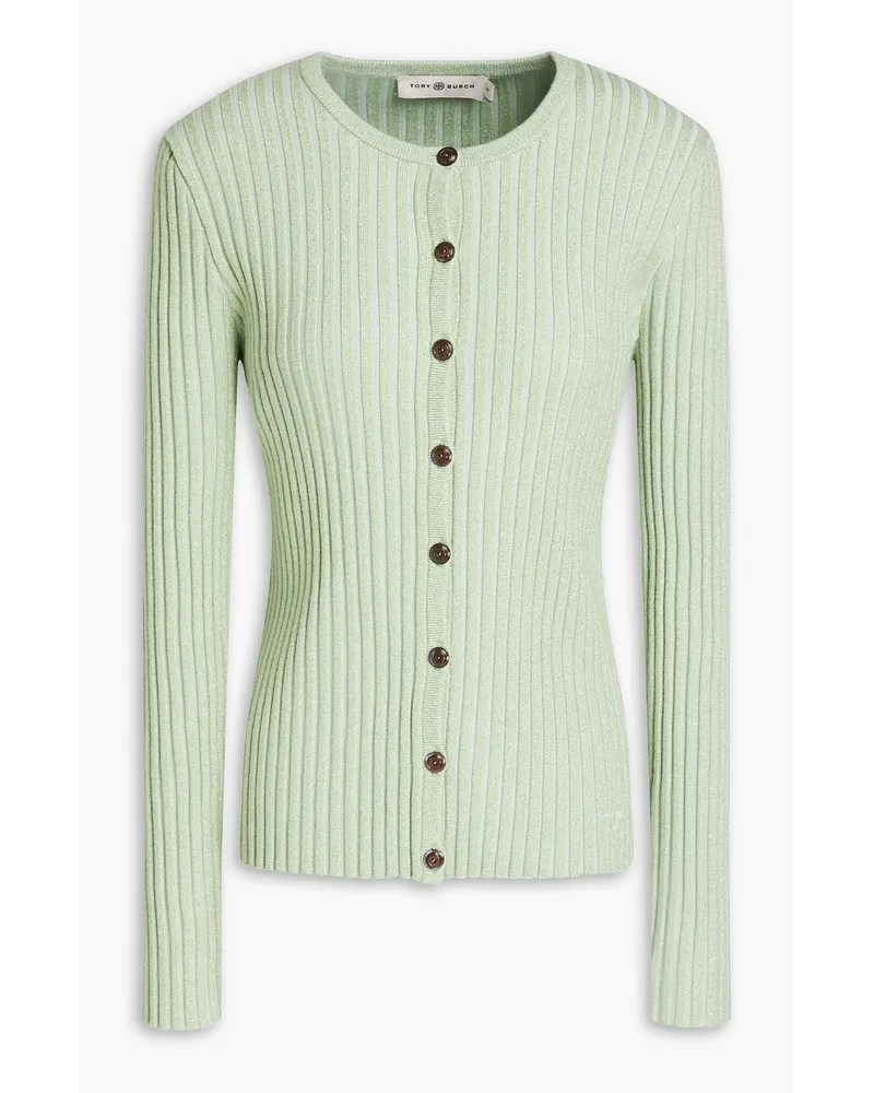 Tory Burch Metallic ribbed merino wool-blend cardigan - Green Green