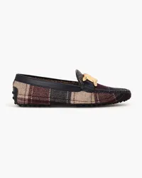 TOD'S Embellished checked flannel loafers - Burgundy Burgundy