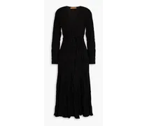 Irena crinkled cotton-blend jacquard midi wrap dress - Black