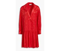 Gathered silk-blend satin-jacquard mini dress - Red