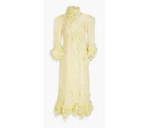 Embellished cotton-blend lace midi dress - Yellow