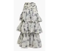 Tiered floral-print plissé-organza midi skirt - White