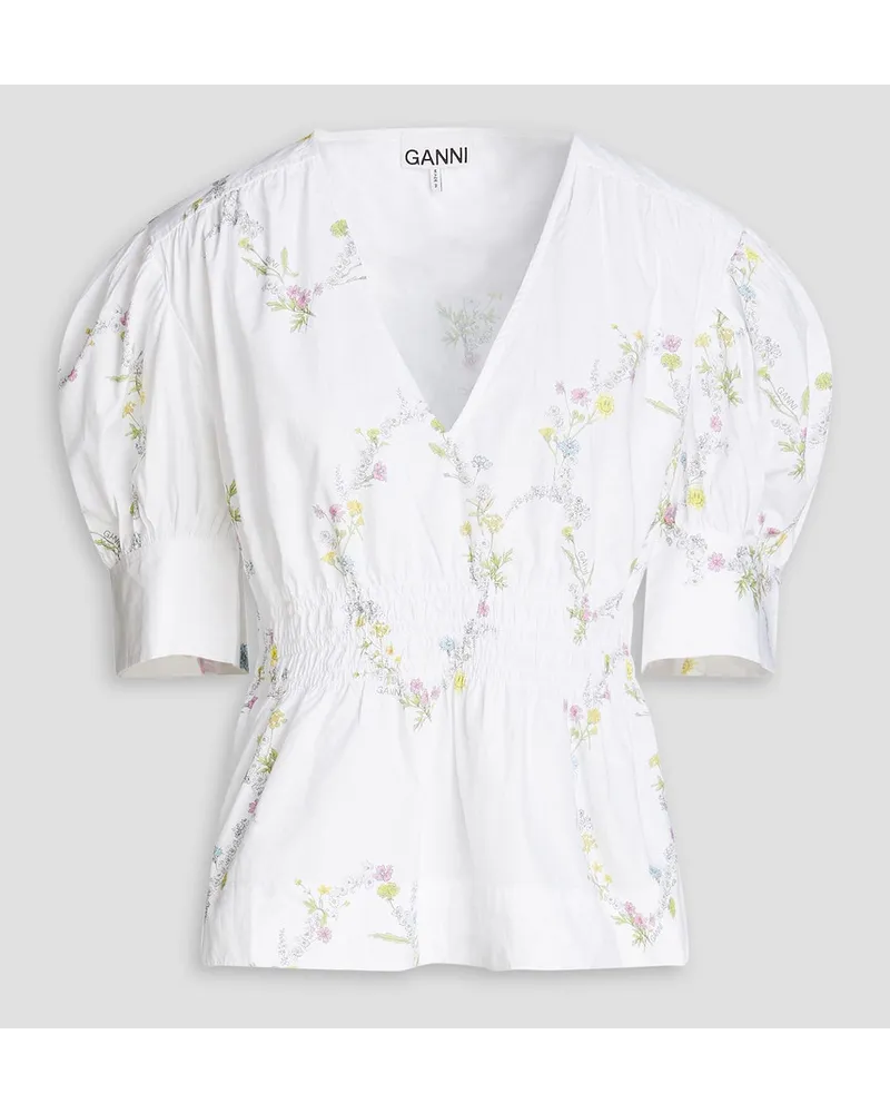 Shirred floral-print cotton-poplin blouse - White