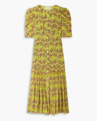 Saloni Colette pleated printed silk crepe de chine midi dress - Yellow Yellow