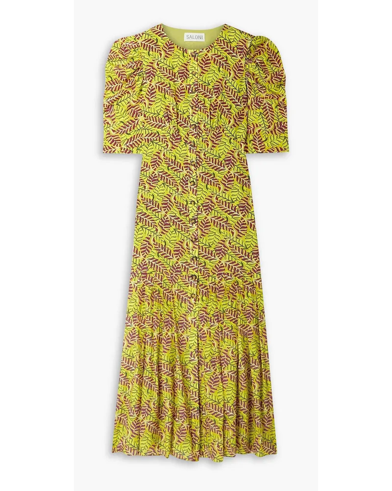 Saloni Colette pleated printed silk crepe de chine midi dress - Yellow Yellow