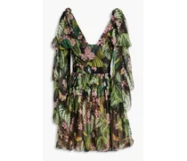 Tiered printed silk-chiffon mini dress - Green