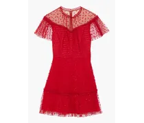 Ruffle-trimmed embroidered tulle mini dress - Red