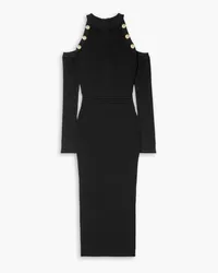 Balmain Cold-shoulder embellished ribbed-knit midi dress - Black Black