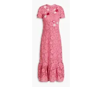 Floral-appliquéd macramé lace midi dress - Pink