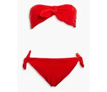Knotted cotton-blend terry bikini - Red
