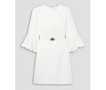 Embellished belted plissé satin-trimmed crepe mini dress - White