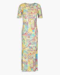 Ganni Printed ribbed Lyocell-blend midi dress - Yellow Yellow