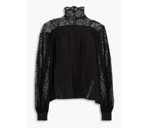 Digwed lace-paneled gathered crepe de chine blouse - Black