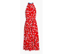 Nicola pleated printed crepe de chine midi dress - Red