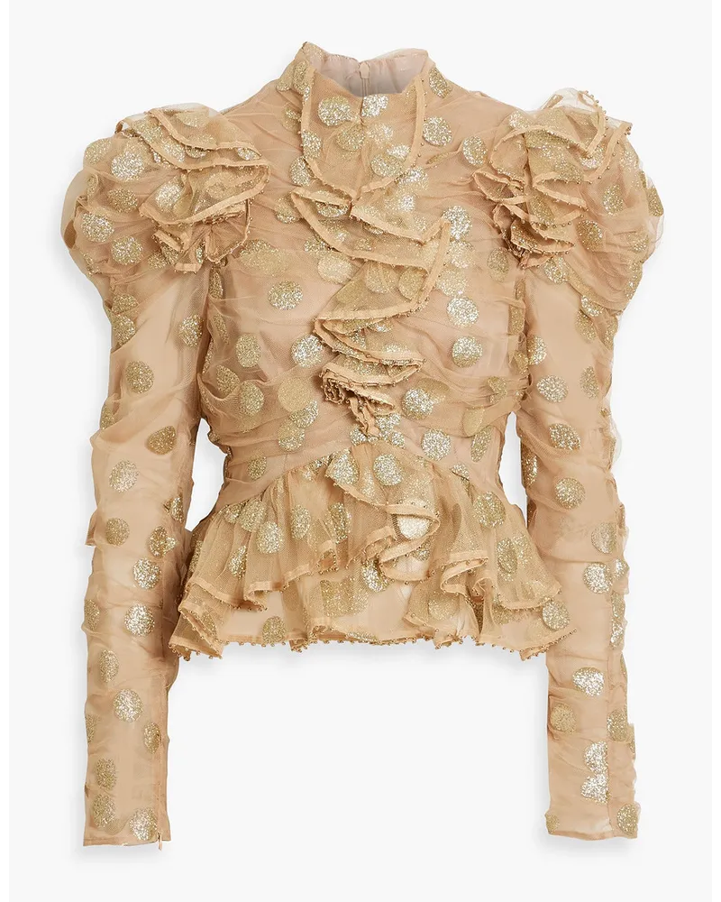 Zimmermann Ruffled glittered polka-dot tulle blouse - Neutral Neutral