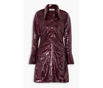 Ruched sequined satin mini shirt dress - Burgundy