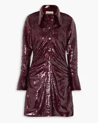 Ganni Ruched sequined satin mini shirt dress - Burgundy Burgundy