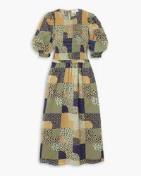 Sea Louie shirred patchwork printed cotton midi dress - Multicolor Multicolor