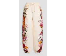Floral-print linen and silk-blend tapered pants - White