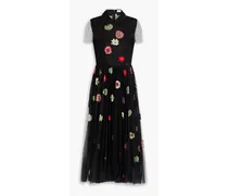 Bead-embellished embroidered taffeta and tulle midi dress - Black