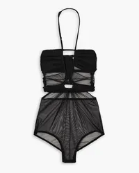 Nensi Dojaka Cutout gathered stretch-tulle and jersey halterneck bodysuit - Black Black