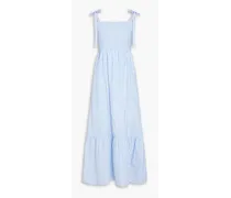 Shirred striped Lyocell-blend poplin midi dress - Blue
